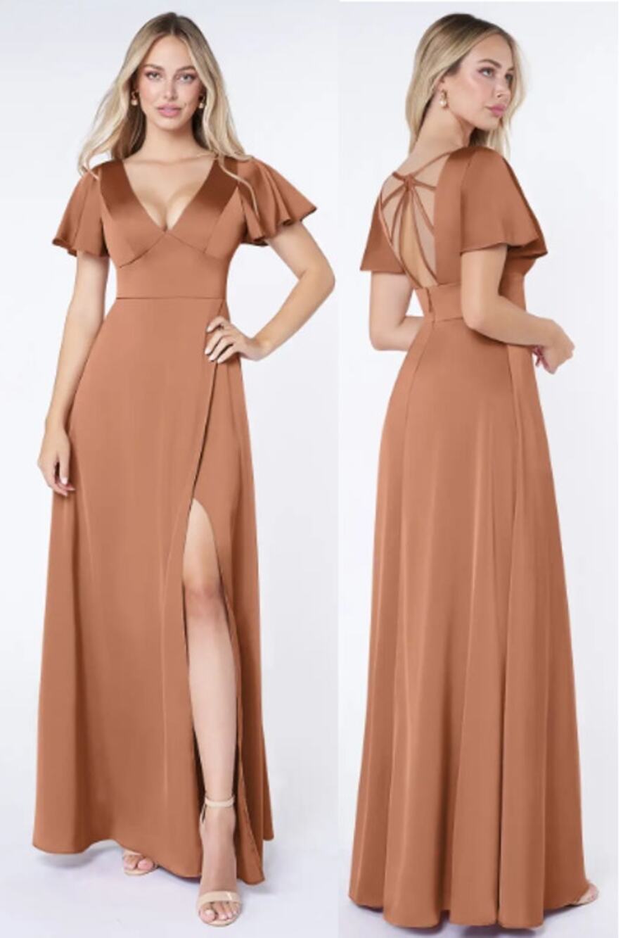 NWT Azazie Lani Stretch Satin Flounce Sleeve A-Line Dress Bronzer Womens Size A2